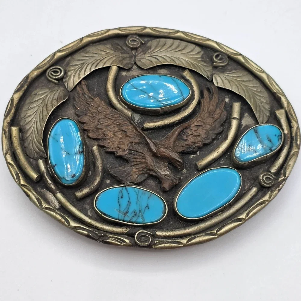 Vintage Navajo SS‎ Mark Eagle Belt Buckle Turquoise Stones Brass Tone Western